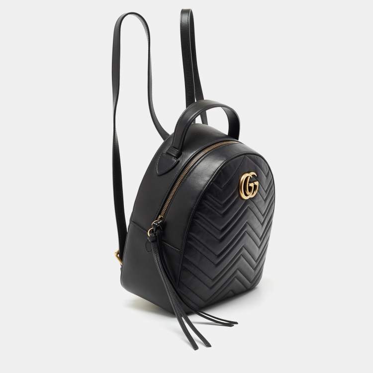 Pre Owned Gucci Black Matelassé Leather GG Marmont Backpack