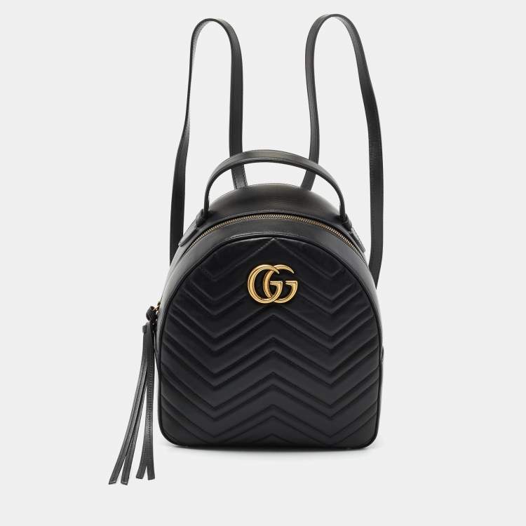 Pre Owned Gucci Black Matelassé Leather GG Marmont Backpack