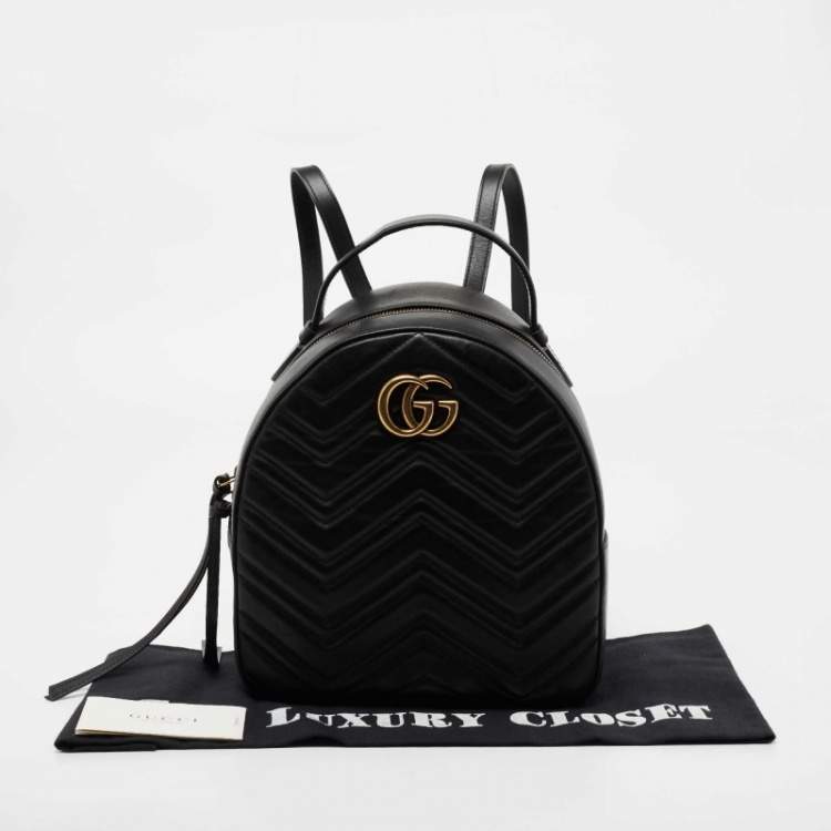 Pre Owned Gucci Black Matelassé Leather GG Marmont Backpack