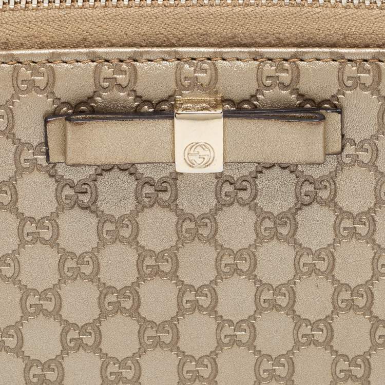 Pre Owned Gucci Metallic Beige Microguccissima Leather Bow  Zip Around Wallet