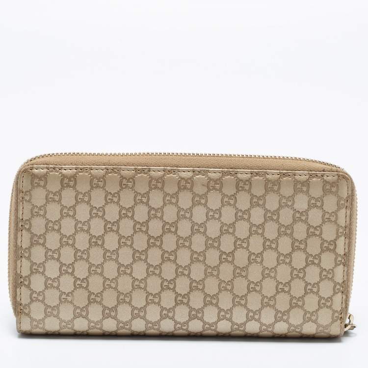 Pre Owned Gucci Metallic Beige Microguccissima Leather Bow  Zip Around Wallet