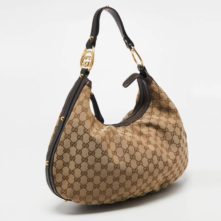 Pre Owned Gucci Beige/Brown GG Canvas and Leather Medium Interlocking G Hobo