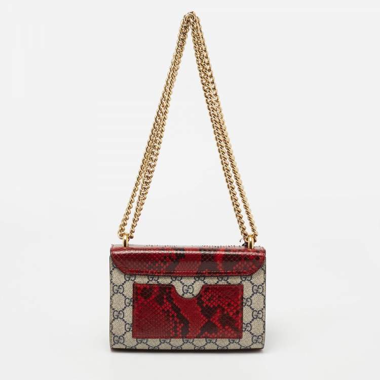 Pre Owned Gucci Beige/Red GG Supreme Canvas And Python Small Padlock Shoulder Bag