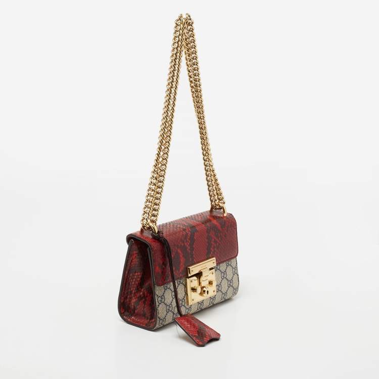 Pre Owned Gucci Beige/Red GG Supreme Canvas And Python Small Padlock Shoulder Bag