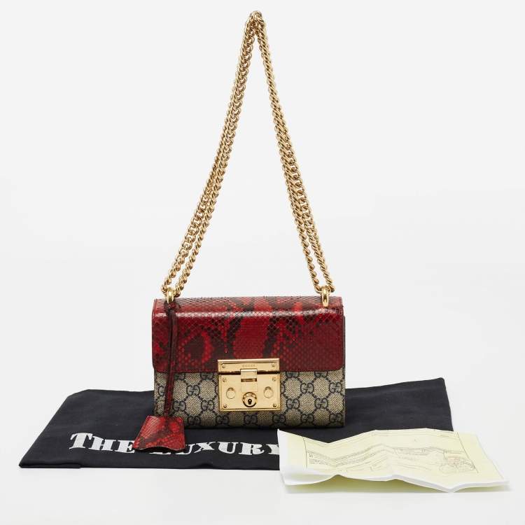 Pre Owned Gucci Beige/Red GG Supreme Canvas And Python Small Padlock Shoulder Bag