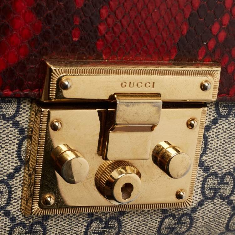 Pre Owned Gucci Beige/Red GG Supreme Canvas And Python Small Padlock Shoulder Bag