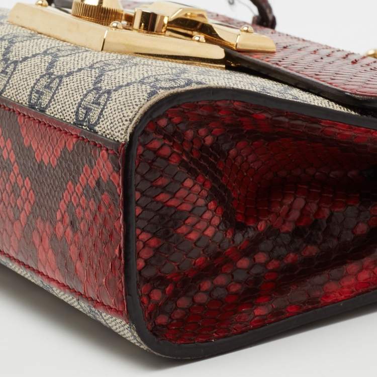 Pre Owned Gucci Beige/Red GG Supreme Canvas And Python Small Padlock Shoulder Bag