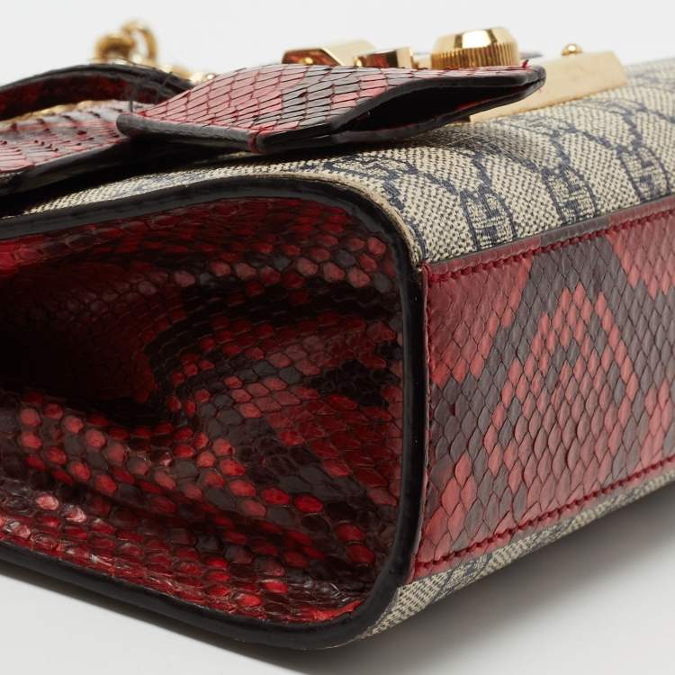 Pre Owned Gucci Beige/Red GG Supreme Canvas And Python Small Padlock Shoulder Bag
