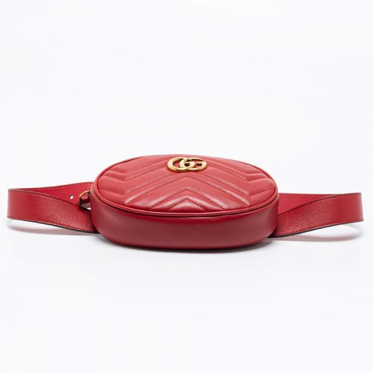 Pre Owned Gucci Red Matelassé Leather GG Marmont Belt Bag