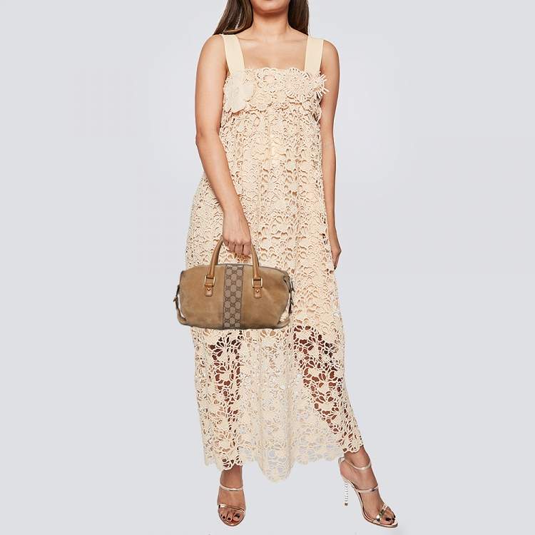 Pre Owned Gucci Beige/Tan GG Canvas And Suede Boston Bag