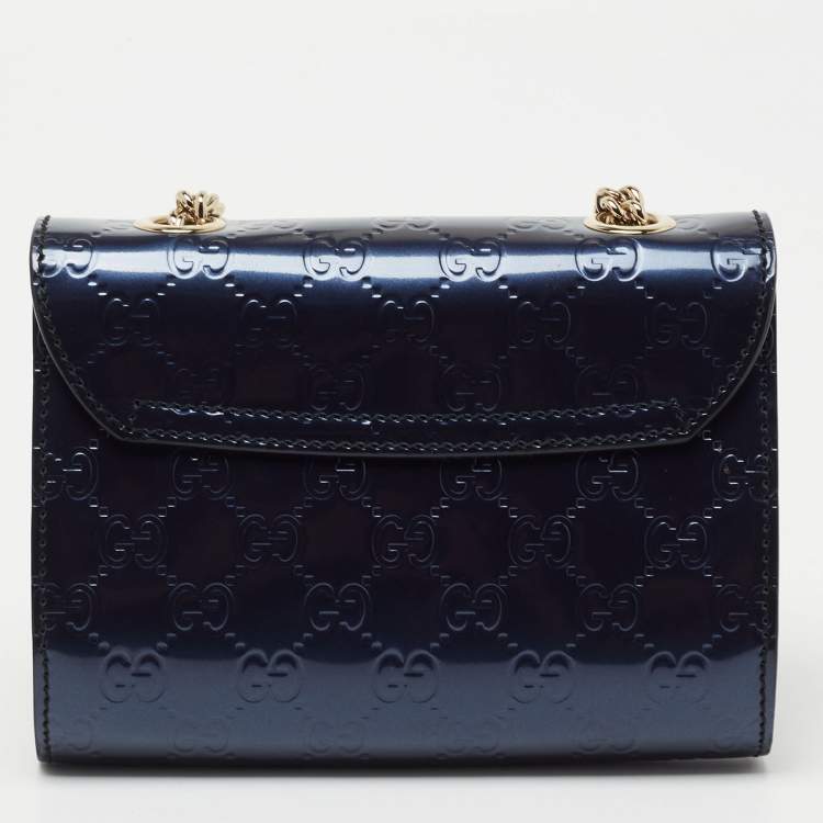 Pre Owned Gucci Blue Guccissima Patent Leather Mini Emily Crossbody Bag