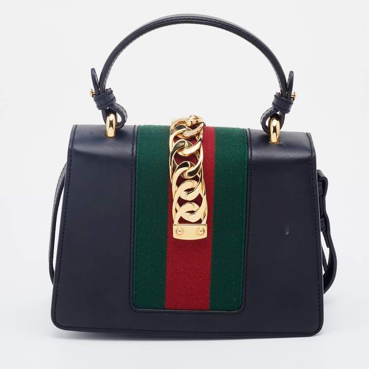 Pre Owned Gucci Black Leather Mini Web Chain Sylvie Top Handle Bag