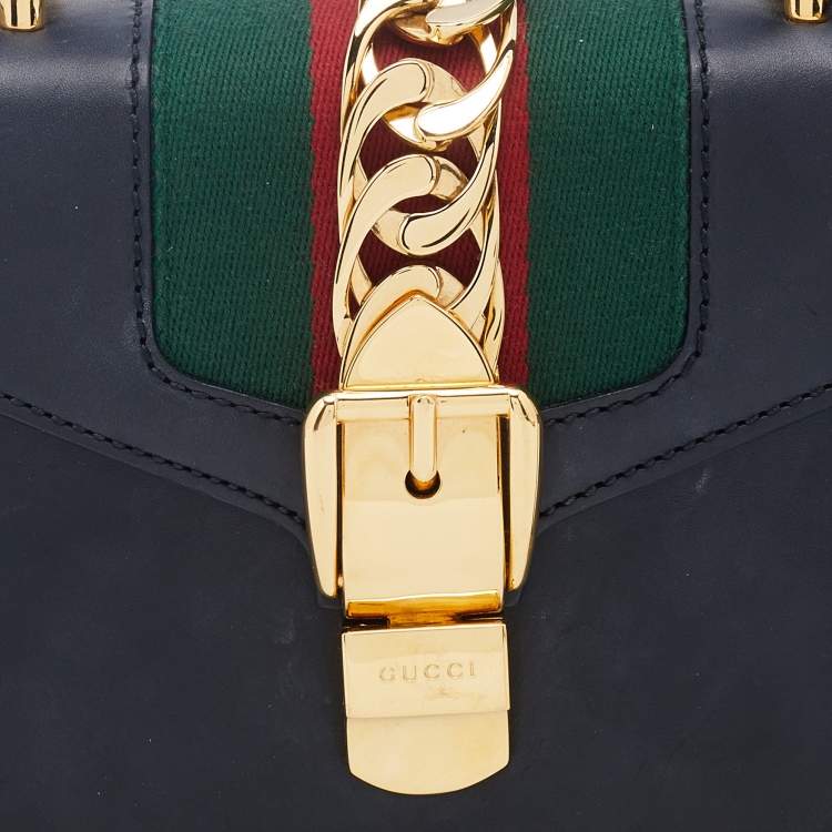 Pre Owned Gucci Black Leather Mini Web Chain Sylvie Top Handle Bag