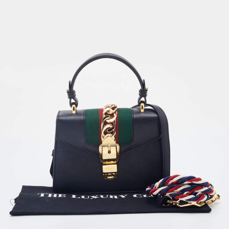 Pre Owned Gucci Black Leather Mini Web Chain Sylvie Top Handle Bag