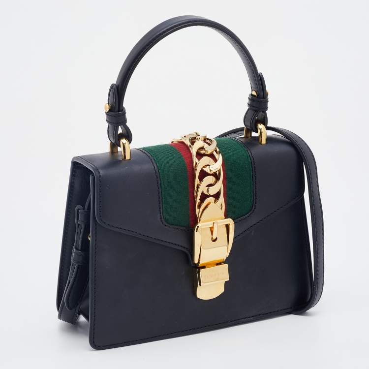 Pre Owned Gucci Black Leather Mini Web Chain Sylvie Top Handle Bag