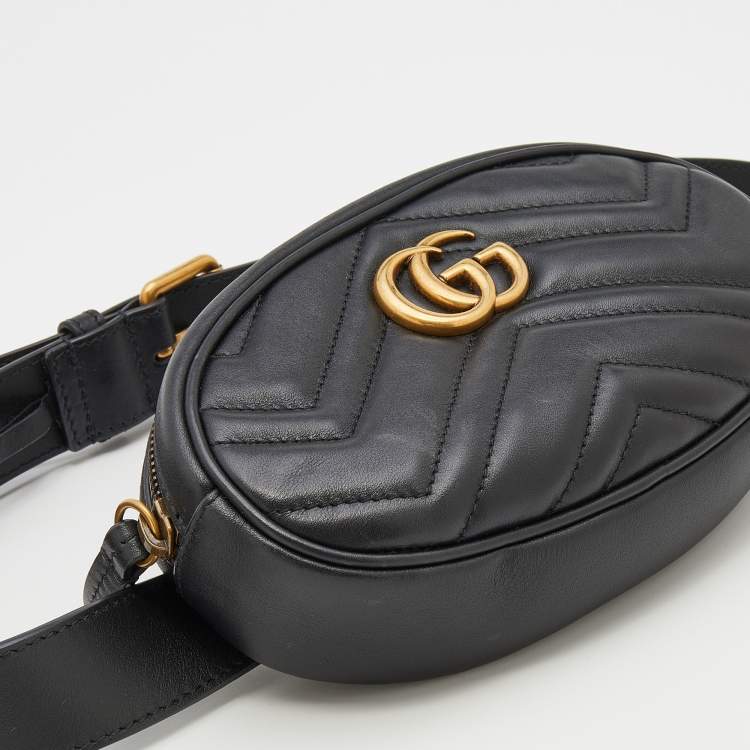 Pre Owned Gucci Black Matelassé Leather GG Marmont Belt Bag
