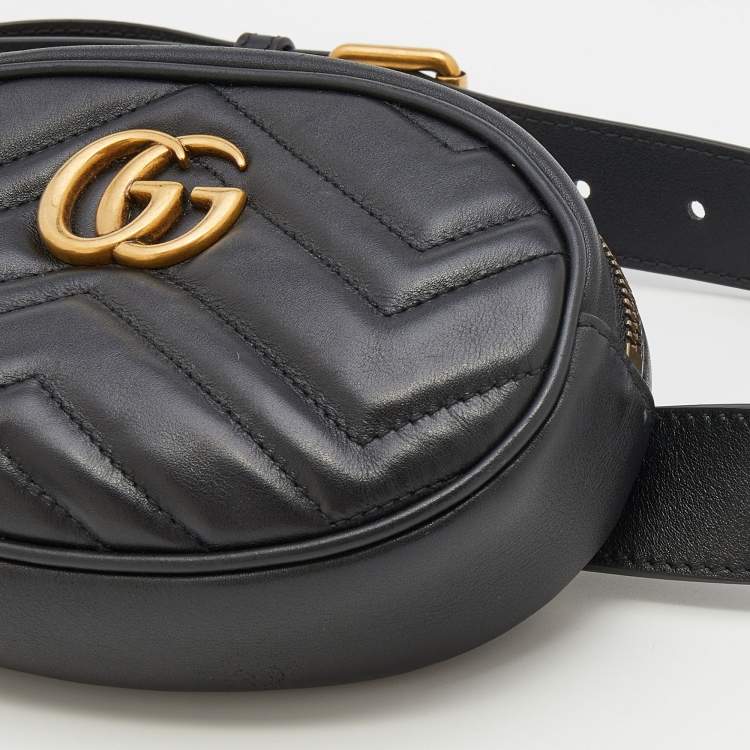 Pre Owned Gucci Black Matelassé Leather GG Marmont Belt Bag