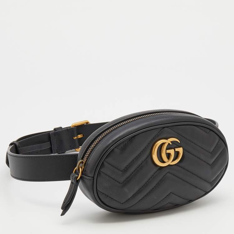 Pre Owned Gucci Black Matelassé Leather GG Marmont Belt Bag