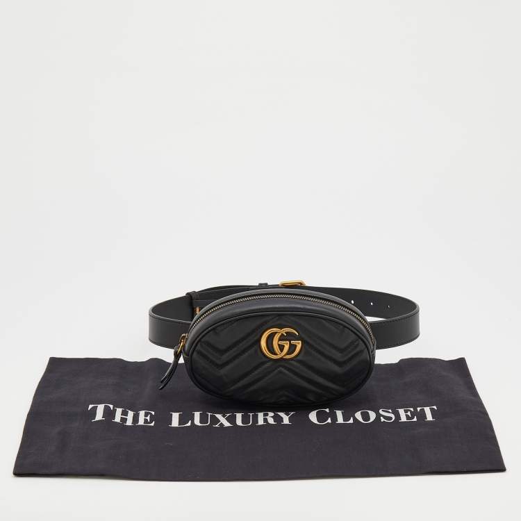 Pre Owned Gucci Black Matelassé Leather GG Marmont Belt Bag