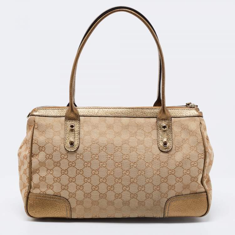 Pre Owned Gucci Beige/Gold GG Canvas And Leather Princy Tote 