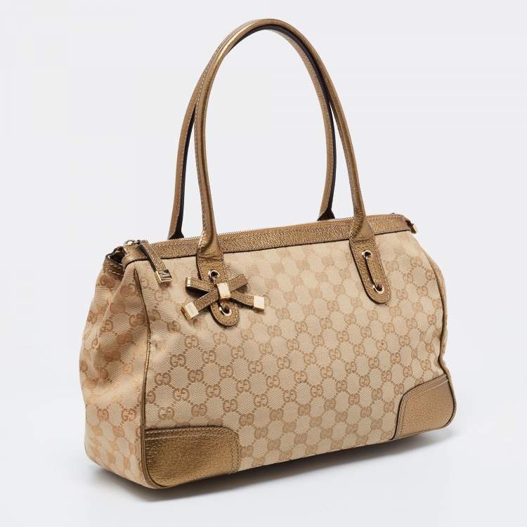Pre Owned Gucci Beige/Gold GG Canvas And Leather Princy Tote 