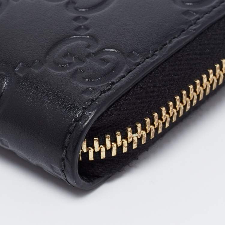 Pre Owned Gucci Black Guccissima Leather Zip Around Card Case