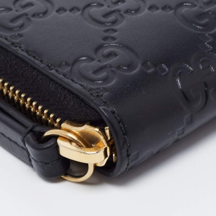 Pre Owned Gucci Black Guccissima Leather Zip Around Card Case