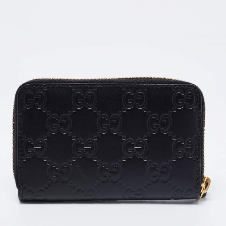 Pre Owned Gucci Black Guccissima Leather Zip Around Card Case