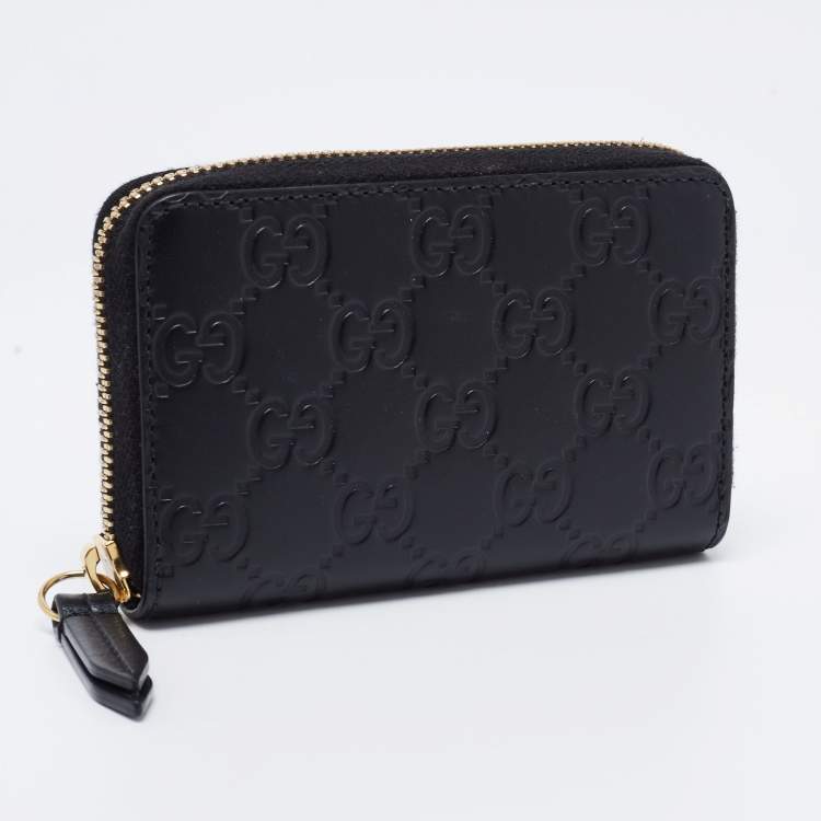Pre Owned Gucci Black Guccissima Leather Zip Around Card Case