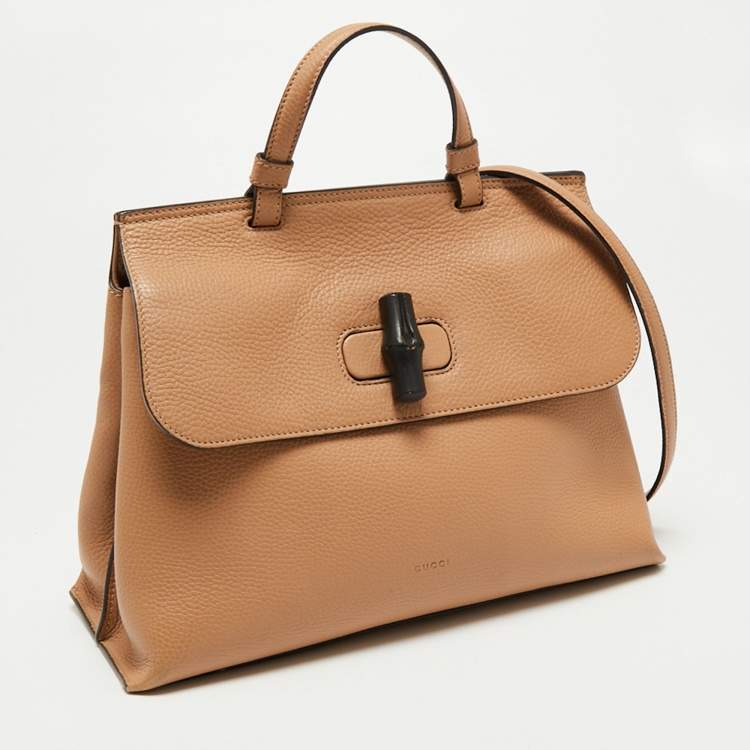 Pre Owned Gucci Beige Leather Medium Bamboo Daily Top Handle Bag
