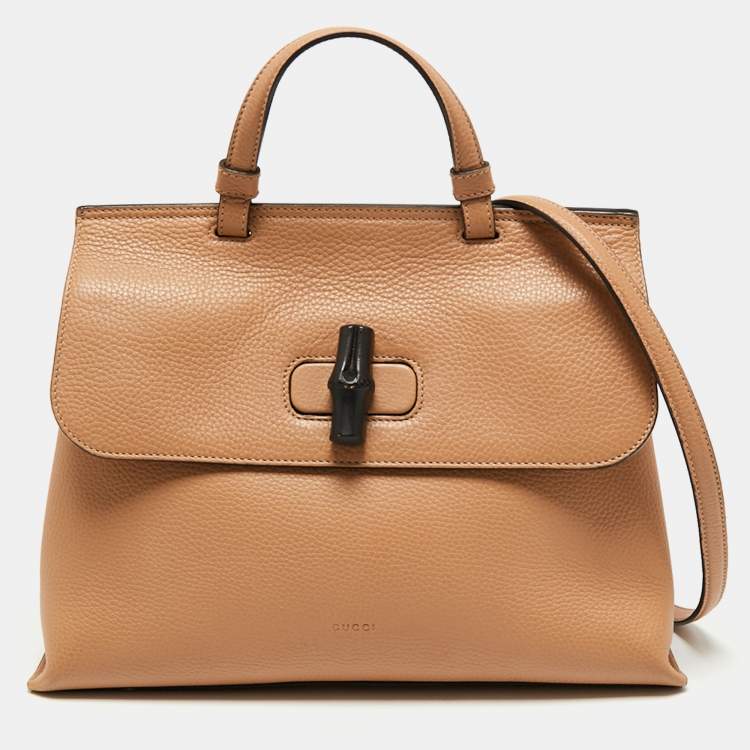 Pre Owned Gucci Beige Leather Medium Bamboo Daily Top Handle Bag