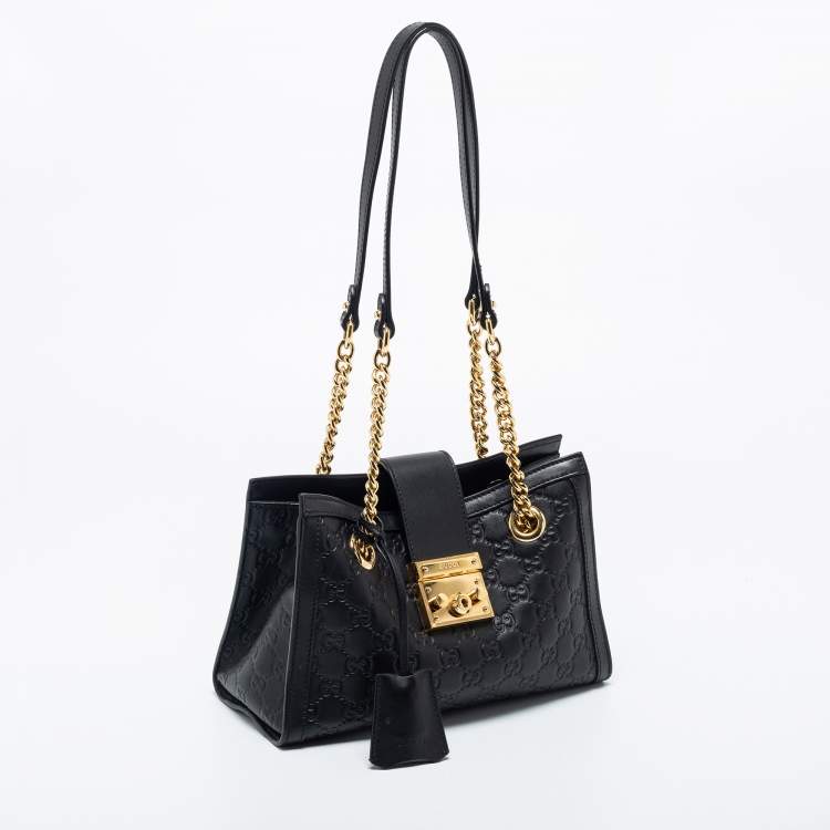 Pre Owned Gucci Black Guccissima Leather Small Padlock Tote