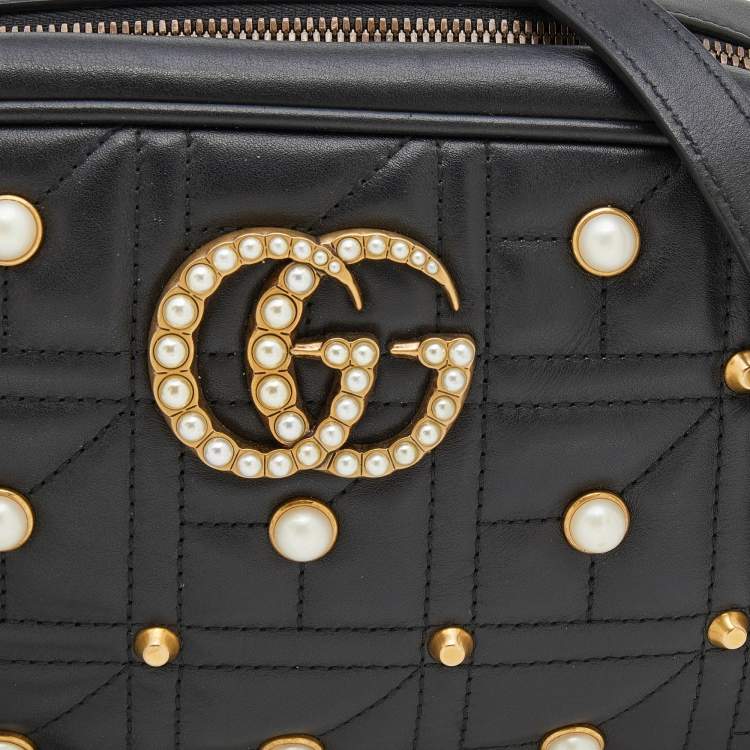 مملوكة مسبقًا Gucci Black Quilted Leather Embellished Small GG Marmont Shoulder Bag