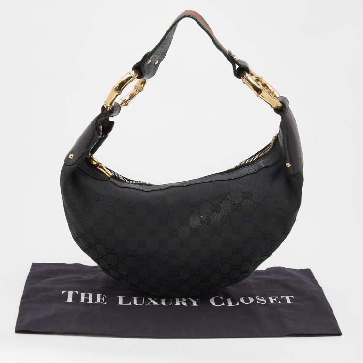 Pre Owned Gucci Black GG Canvas and Web Bamboo Ring Hobo