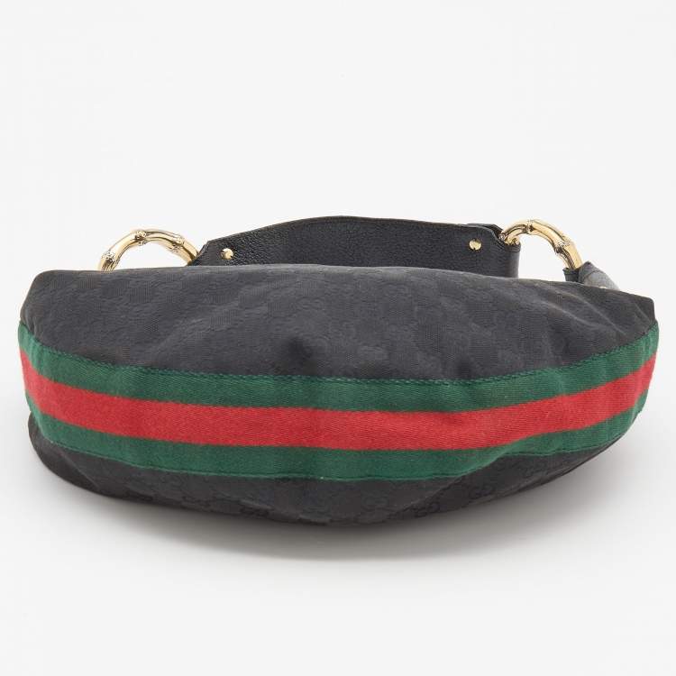 Pre Owned Gucci Black GG Canvas and Web Bamboo Ring Hobo