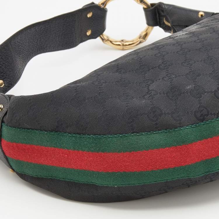 Pre Owned Gucci Black GG Canvas and Web Bamboo Ring Hobo