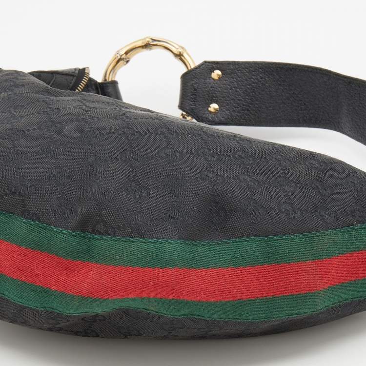 Pre Owned Gucci Black GG Canvas and Web Bamboo Ring Hobo
