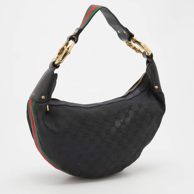 Pre Owned Gucci Black GG Canvas and Web Bamboo Ring Hobo