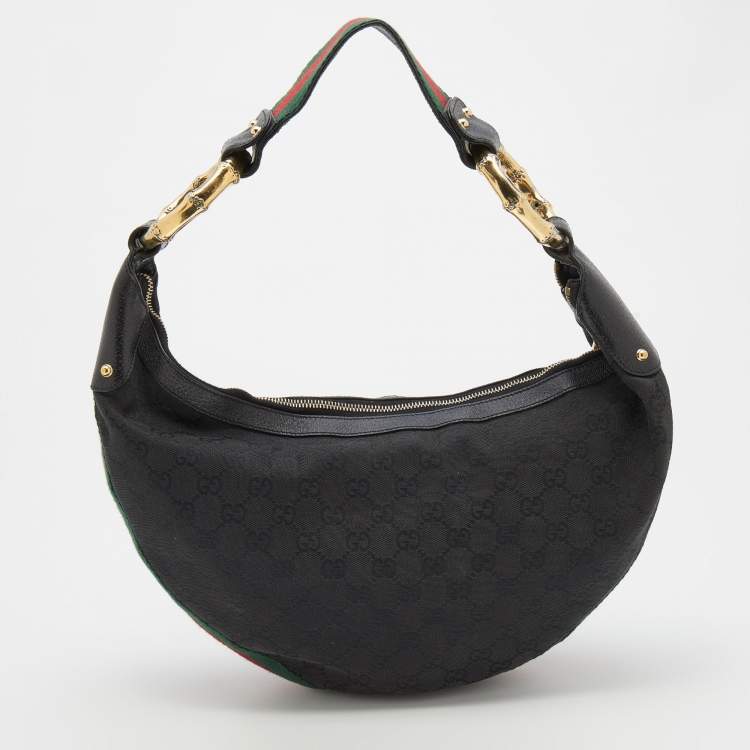 Pre Owned Gucci Black GG Canvas and Web Bamboo Ring Hobo