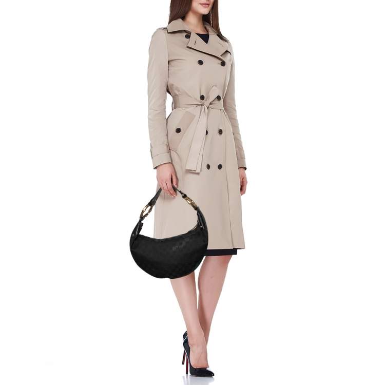 Pre Owned Gucci Black GG Canvas and Web Bamboo Ring Hobo