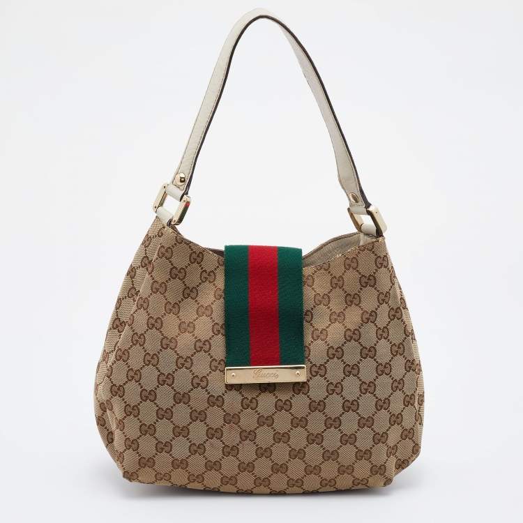 Pre Owned Gucci Beige/Brown GG Canvas And Leather Medium New Ladies Web Hobo