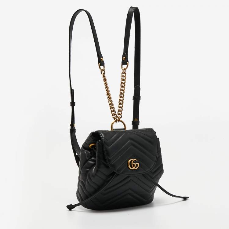 Pre Owned Gucci Black Matelassé Leather GG Marmont Backpack