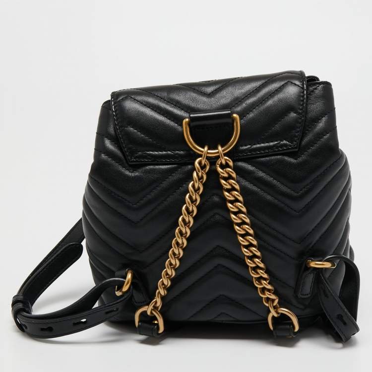 Pre Owned Gucci Black Matelassé Leather GG Marmont Backpack