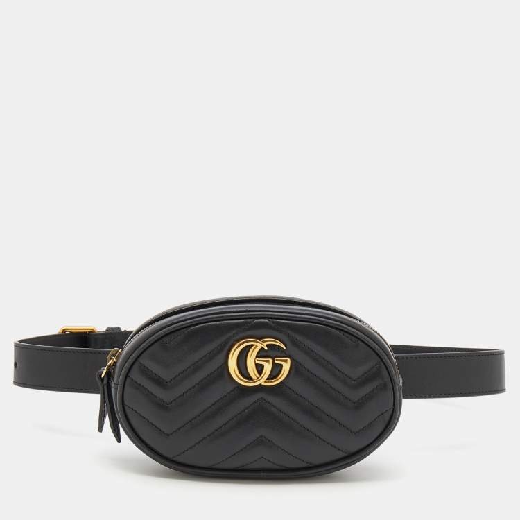 Pre Owned Gucci Black Matelassé Leather GG Marmont Belt Bag