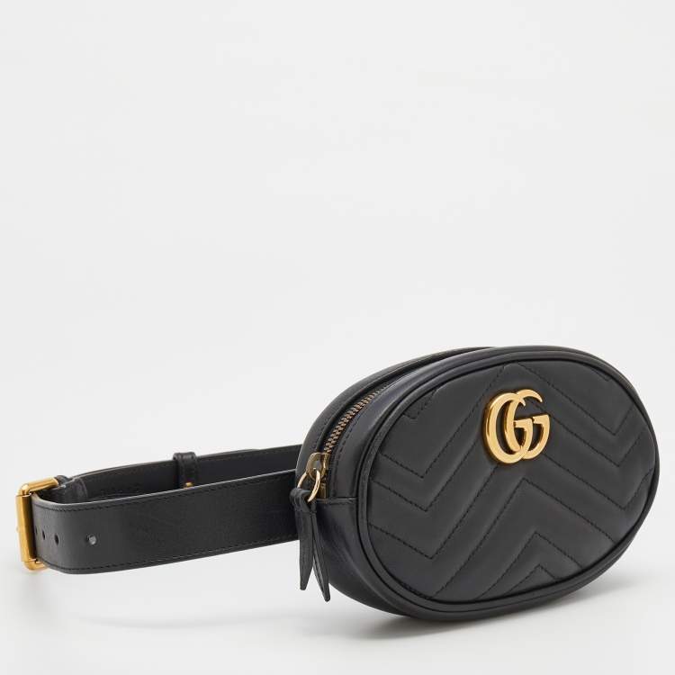 Pre Owned Gucci Black Matelassé Leather GG Marmont Belt Bag