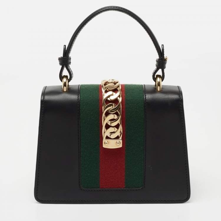 Pre Owned Gucci Black Leather Mini Web Chain Sylvie Top Handle Bag