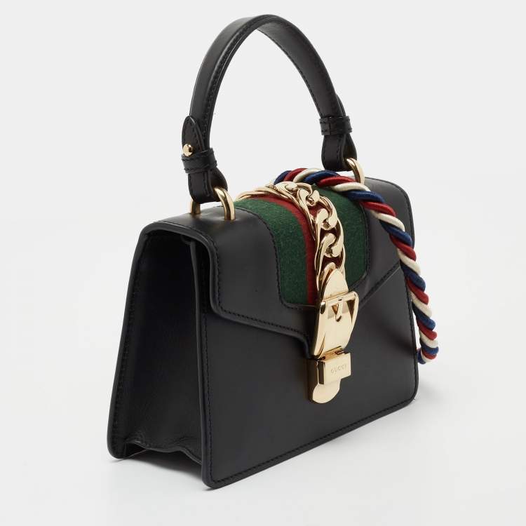 Pre Owned Gucci Black Leather Mini Web Chain Sylvie Top Handle Bag