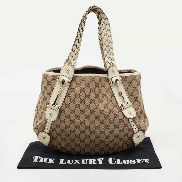 Pre Owned Gucci Beige/White GG Canvas and Leather Medium Pelham Shoulder Bag