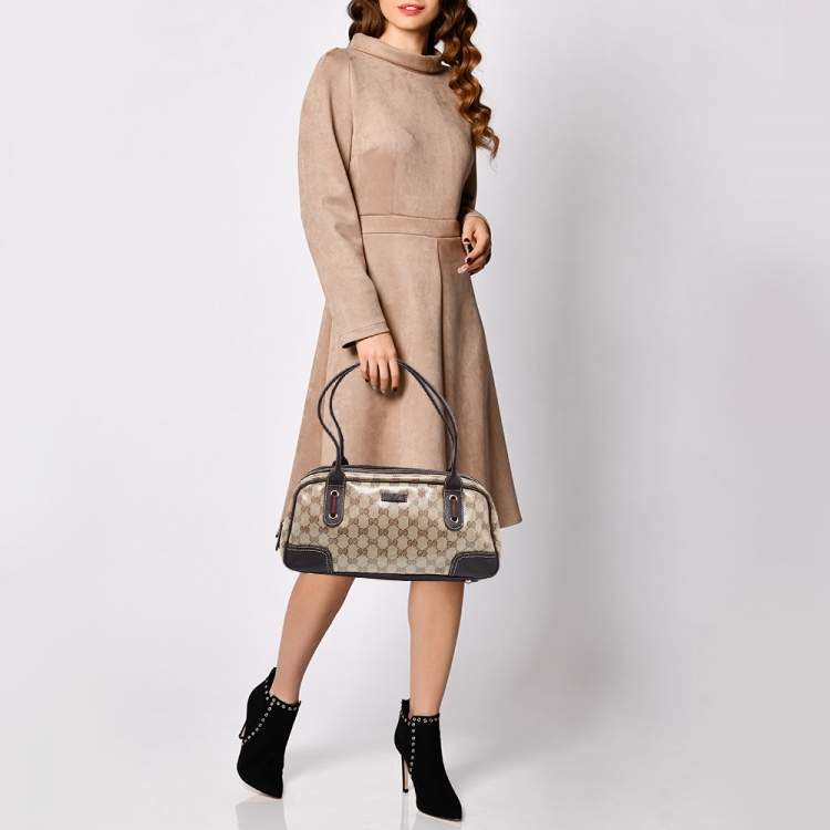 Pre Owned Gucci Beige/Brown GG Crystal Canvas and Leather Princy Satchel