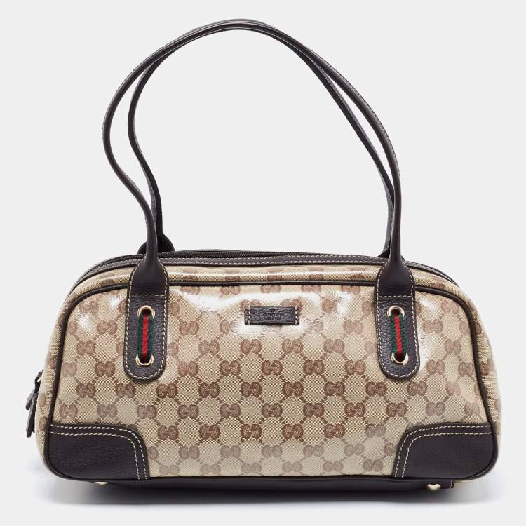 Pre Owned Gucci Beige/Brown GG Crystal Canvas and Leather Princy Satchel